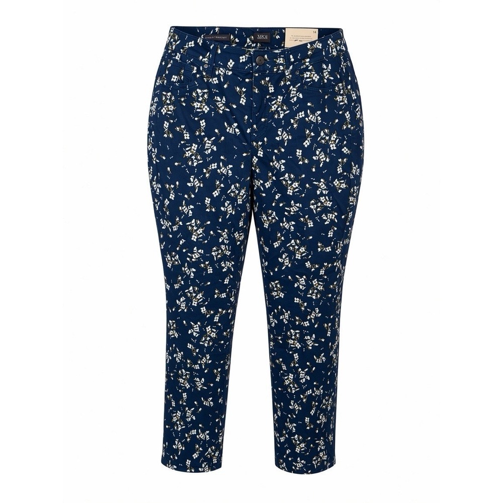 NYDJ Sz 14 Marilyn Straight Lift Tuck Slimming Blue Floral Straight Pants NEW